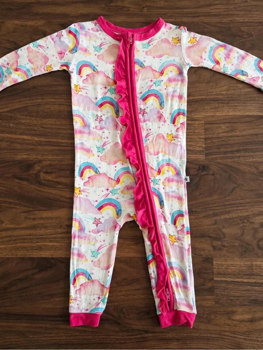 Birdie Bean 3-6M Bamboo Ruffle Footie Rainbow Clouds Stars Watercolor